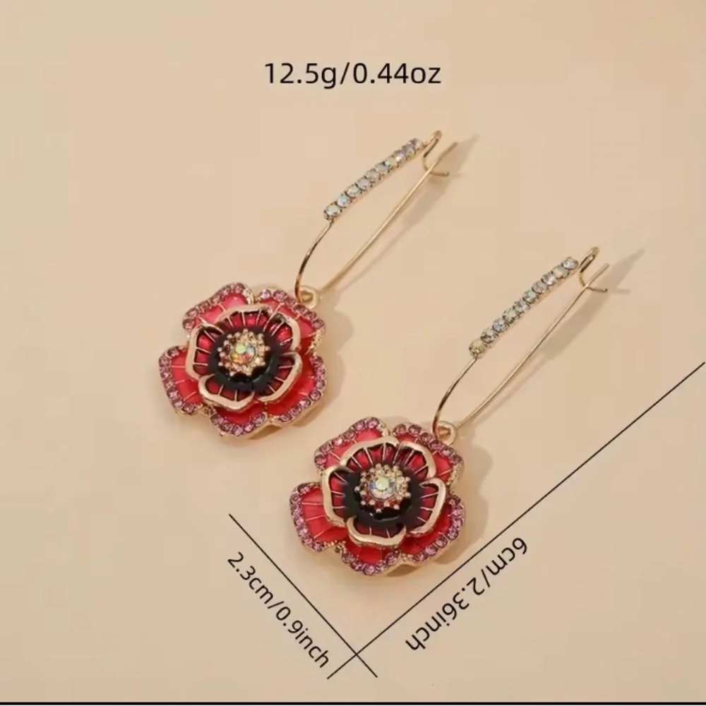 New Mediterranean Ethnic Boho Colorful Red Rose Crystal Drop Earrings